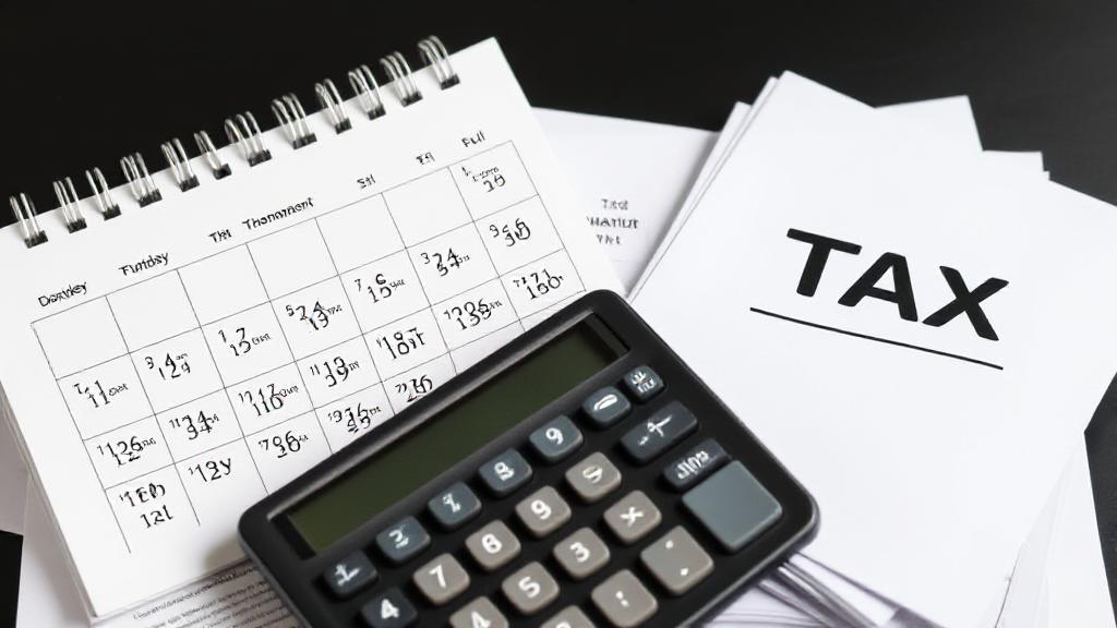 A calendar marked with important tax deadlines and a calculator resting on a stack of tax documents.