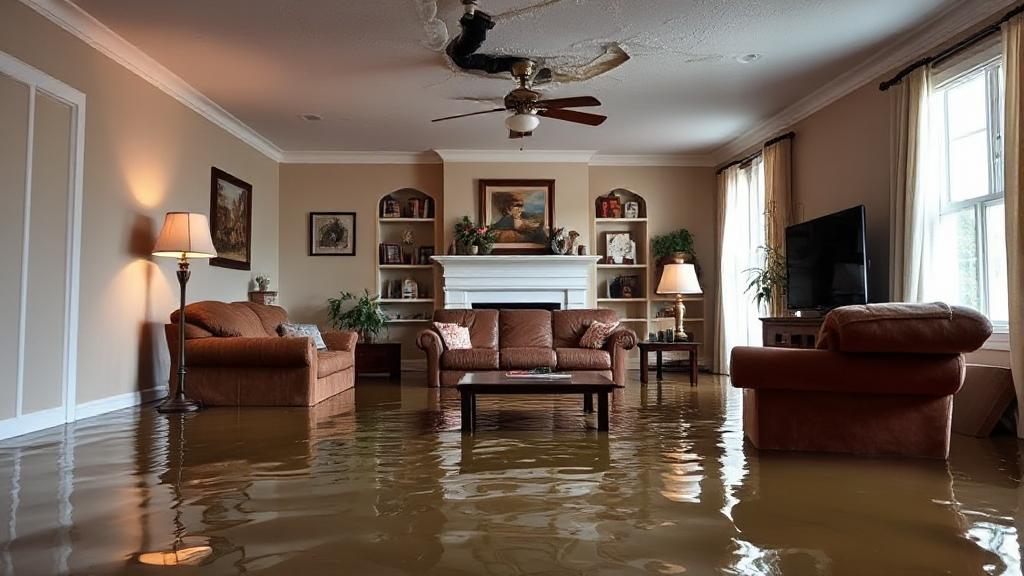 A flooded living room with waterlogged furniture and a ceiling leak, illustrating the importance of home insurance for water damage.