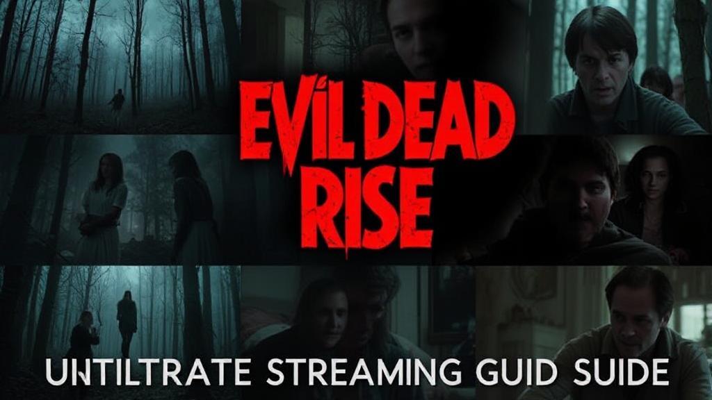A chilling collage of scenes from "Evil Dead Rise," featuring eerie forest landscapes and intense character moments, sets the tone for the ultimate streaming guide.