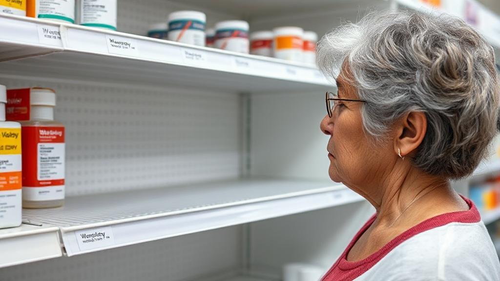 A concerned patient looks at an empty pharmacy shelf where Wegovy is usually stocked, highlighting the ongoing shortage and its impact.