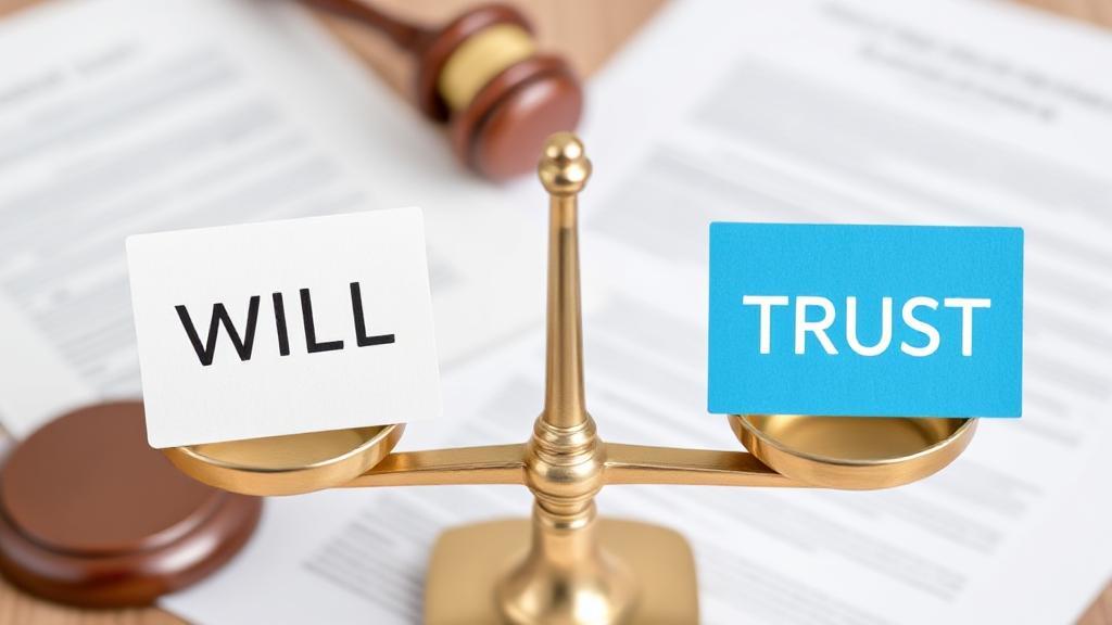 A balanced scale symbolizing the comparison between a will and a trust, set against a backdrop of legal documents and a gavel.