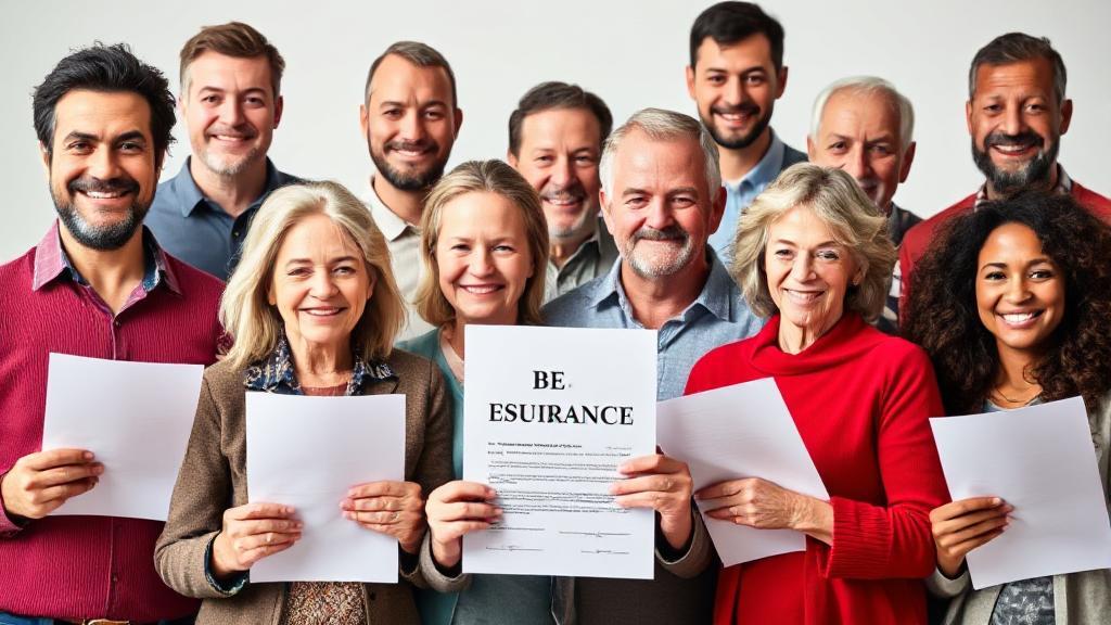 A diverse group of people of varying ages and backgrounds, each holding a life insurance policy document, symbolizing the universal importance of life insurance at any age.