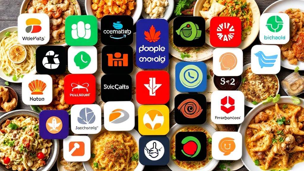 A vibrant collage of popular food delivery app logos surrounded by diverse, appetizing dishes.