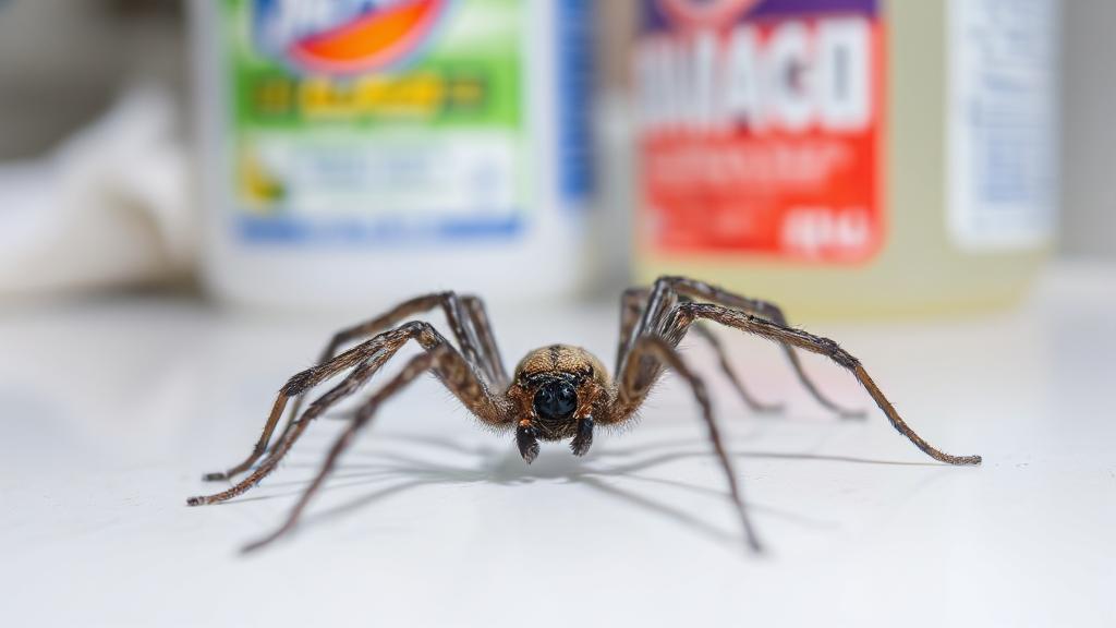 A close-up image of a spider on a white surface with a bottle of bleach in the background.