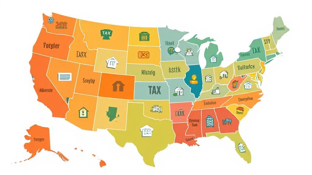 A collage of various state maps overlaid with tax-related icons and symbols, illustrating the diversity of state tax systems.