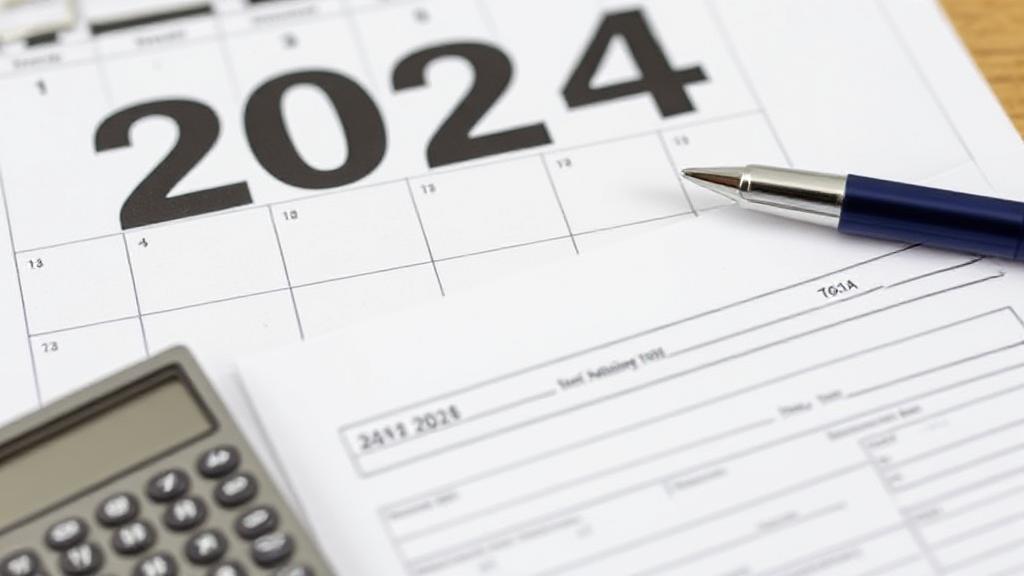 A calendar page displaying the year 2024 with a tax form and calculator in the foreground.
