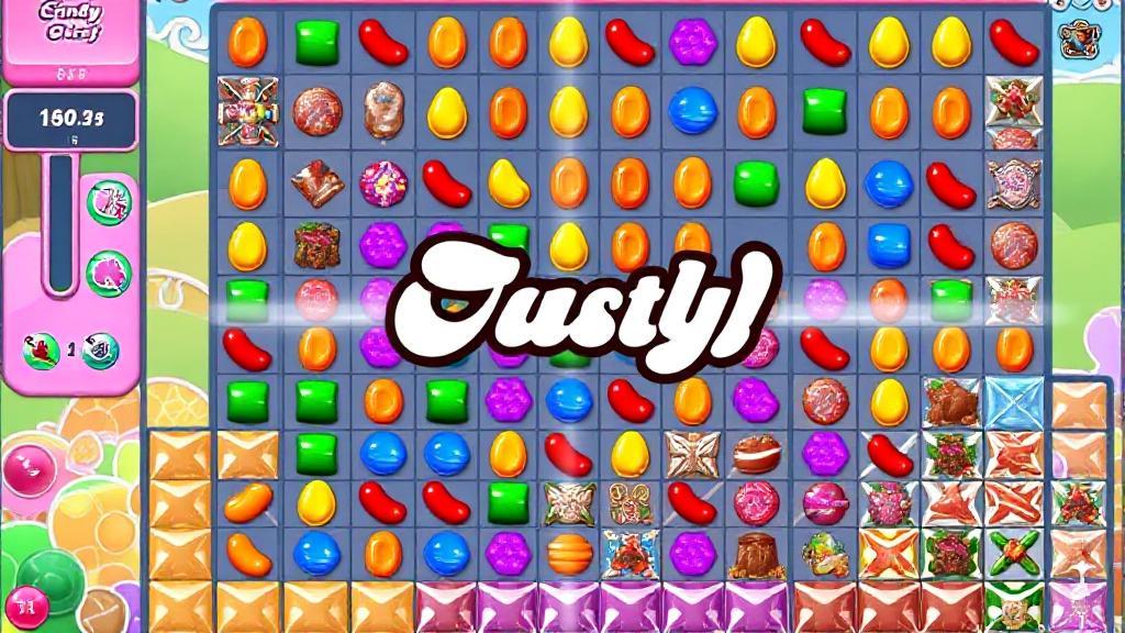 A vibrant and colorful collage of Candy Crush game levels, featuring various candies and obstacles, set against a backdrop of the game's iconic grid layout.