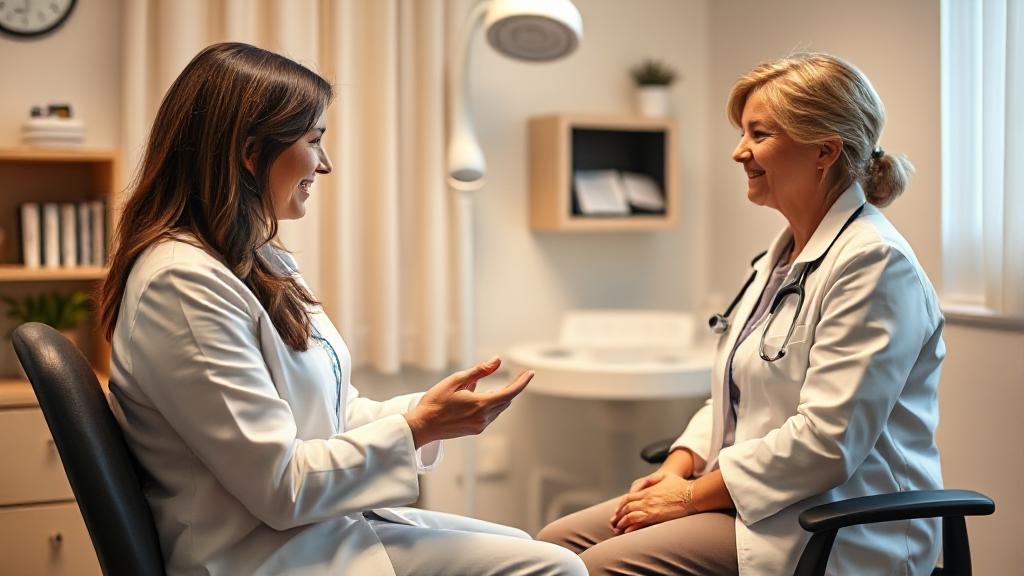 A comforting, softly-lit doctor's office with a friendly gynecologist explaining the pap smear procedure to a relaxed patient.