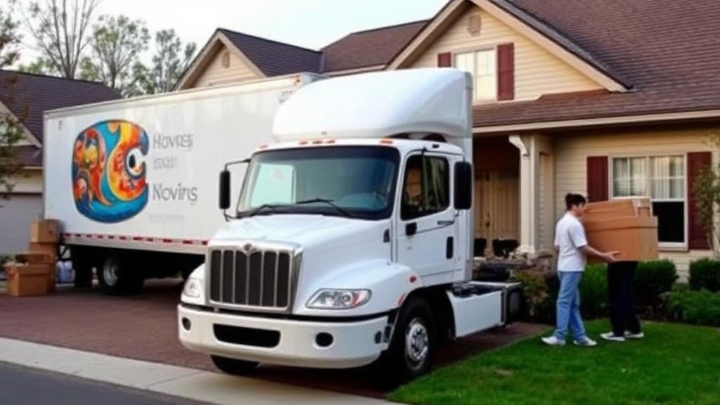A moving truck parked in front of a suburban house, with movers carrying boxes and furniture, illustrating the process and expenses of hiring a moving company.