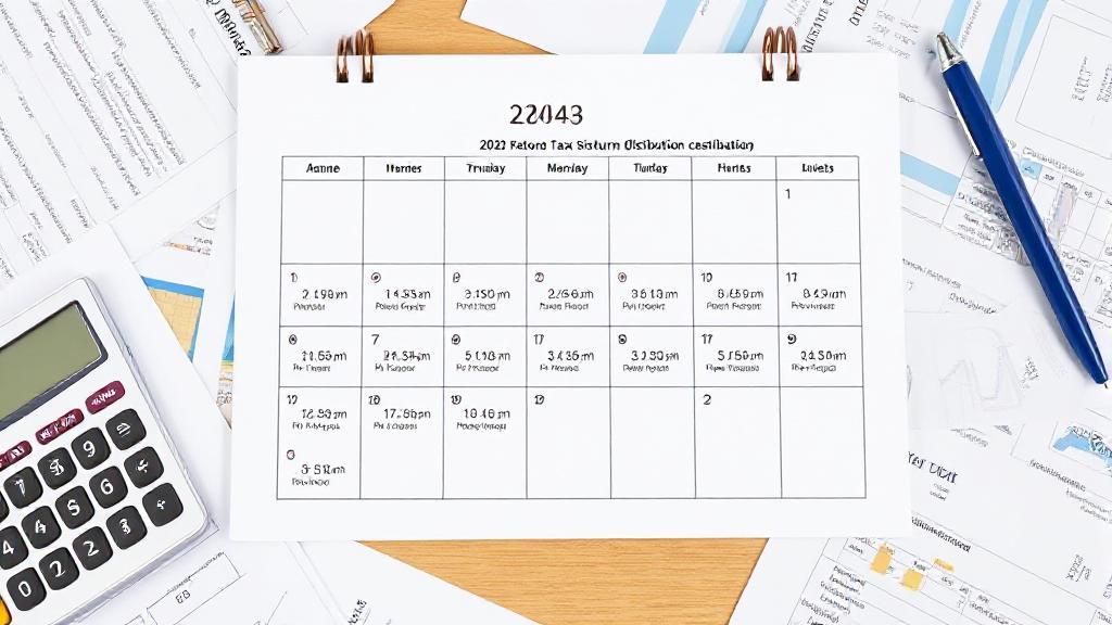 A calendar marked with key tax return distribution dates for 2024, surrounded by financial documents and a calculator.