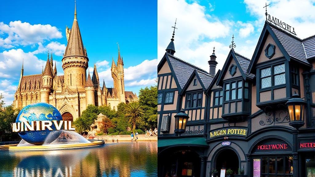 A vibrant split-screen image showcasing iconic attractions from both Universal Studios Orlando and Hollywood's Wizarding World of Harry Potter, highlighting Hogwarts Castle and Diagon Alley.