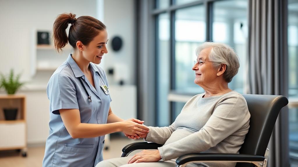 A professional occupational therapist assisting a patient in a modern rehabilitation clinic setting.