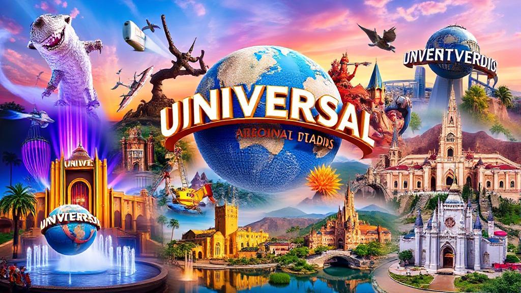 A vibrant collage of iconic attractions from Universal Studios parks around the world, showcasing thrilling rides, beloved characters, and stunning landscapes.
