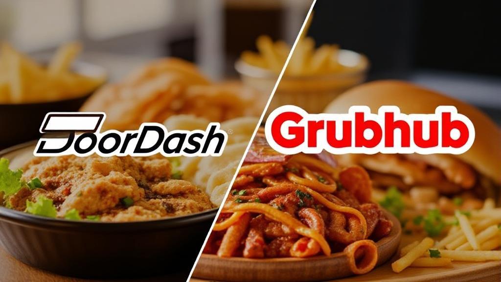 A split-screen image showing the DoorDash and Grubhub logos with a variety of delicious food items in the background.