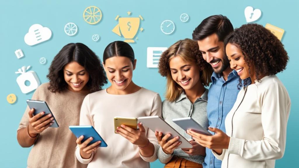 A diverse group of people comparing insurance options on digital devices, surrounded by symbols of savings and protection.