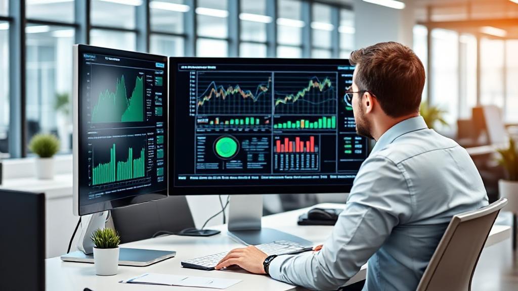 A professional financial analyst reviewing charts and graphs on a computer screen in a modern office setting.