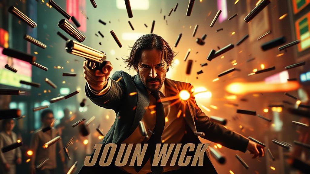 A dynamic image of John Wick in action, surrounded by a flurry of bullets and neon lights, capturing the intense and stylish atmosphere of the film series.