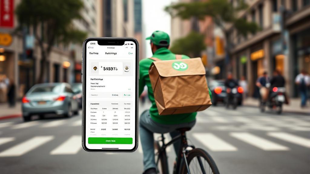 A dynamic image of a DoorDash delivery driver on a bicycle, navigating through a bustling city street, with a smartphone displaying earnings in the foreground.