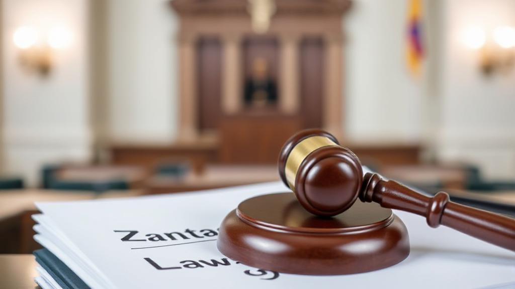 A gavel resting on a stack of legal documents labeled "Zantac Lawsuit" with a blurred courtroom in the background.