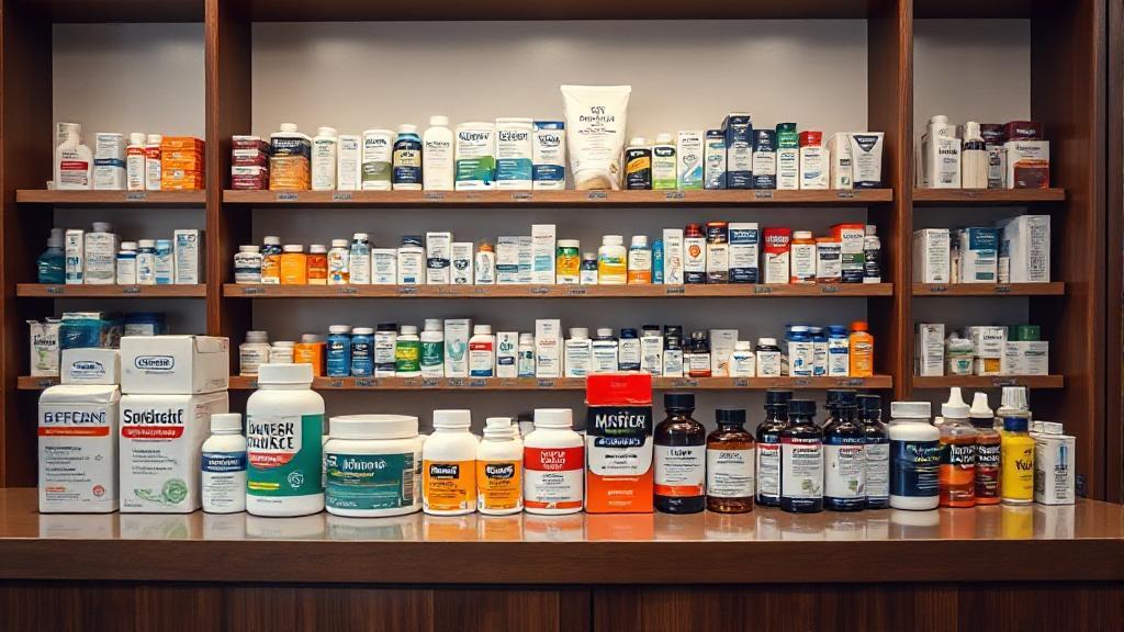 A discreet pharmacy counter displaying various over-the-counter medications, with a focus on men's health products.