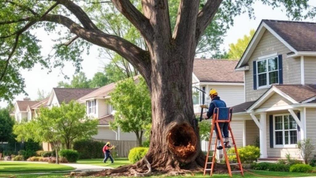 A serene suburban neighborhood with a large tree being carefully removed by professionals, highlighting the theme of preventative measures in homeownership.