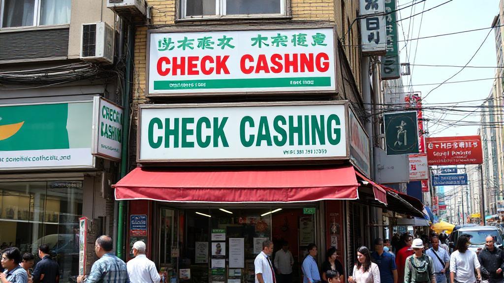 A bustling urban street with a prominent "Check Cashing" sign above a storefront, surrounded by people and nearby businesses.