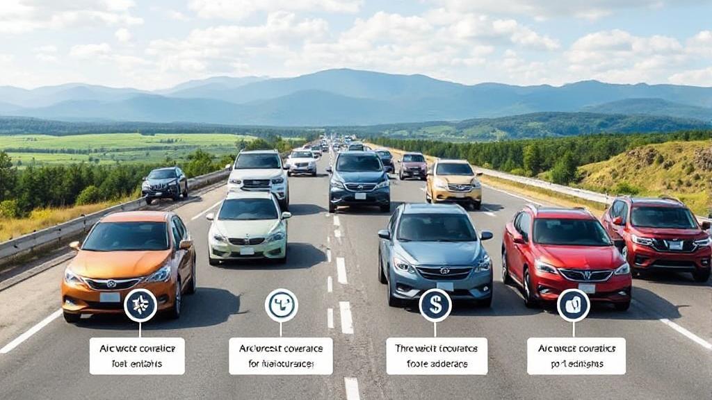 A collage of diverse vehicles on a scenic highway, each highlighted with icons representing different car insurance coverage options.