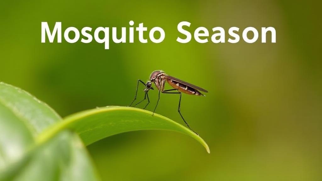 A close-up image of a mosquito perched on a green leaf, set against a blurred natural background, symbolizing the onset of mosquito season.