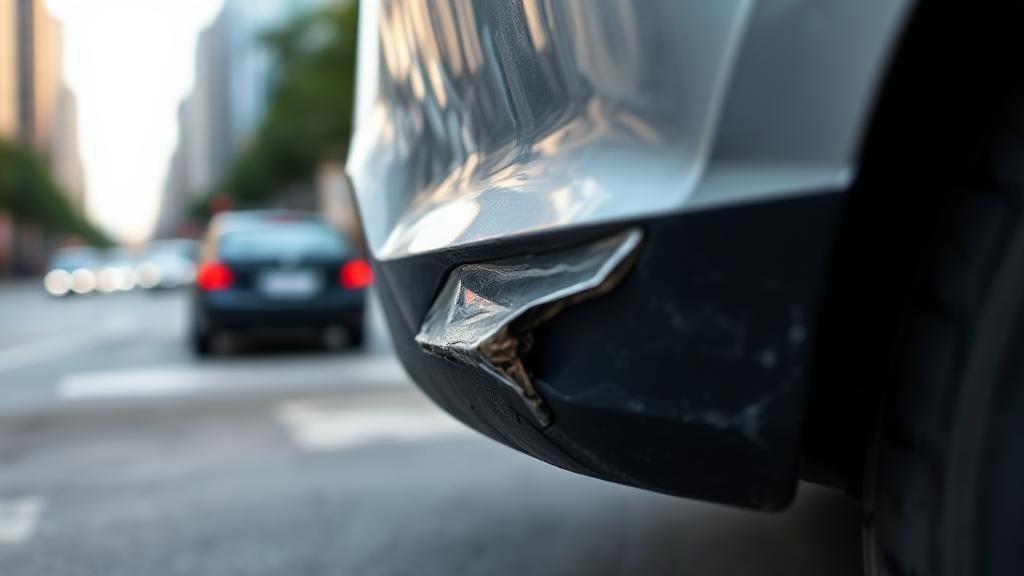 A close-up image of a car bumper with visible damage, set against a blurred background of a busy city street.