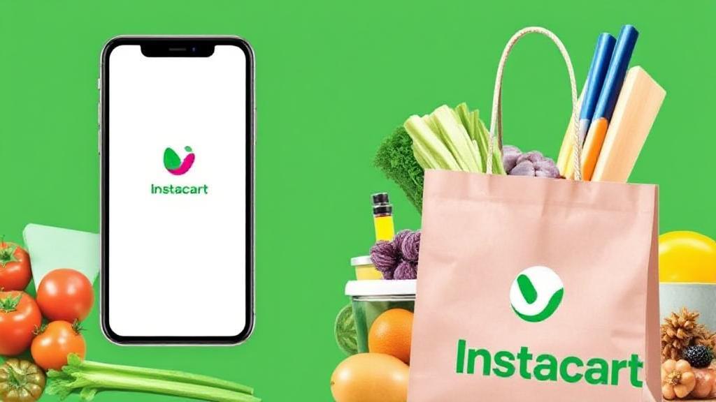 A vibrant collage of grocery items, a smartphone displaying the Instacart app, and a delivery bag, symbolizing the convenience and efficiency of Instacart's service.