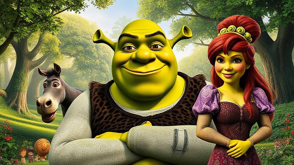 A vibrant collage of iconic scenes from the Shrek movie, featuring Shrek, Donkey, and Fiona against a lush, fairy-tale forest backdrop.