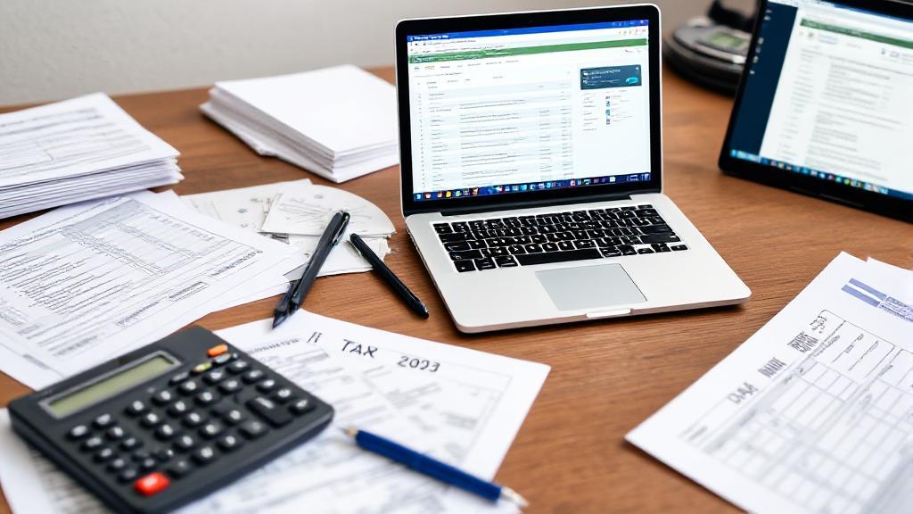 A neatly organized desk with tax forms, a calculator, and a laptop displaying a tax software interface.