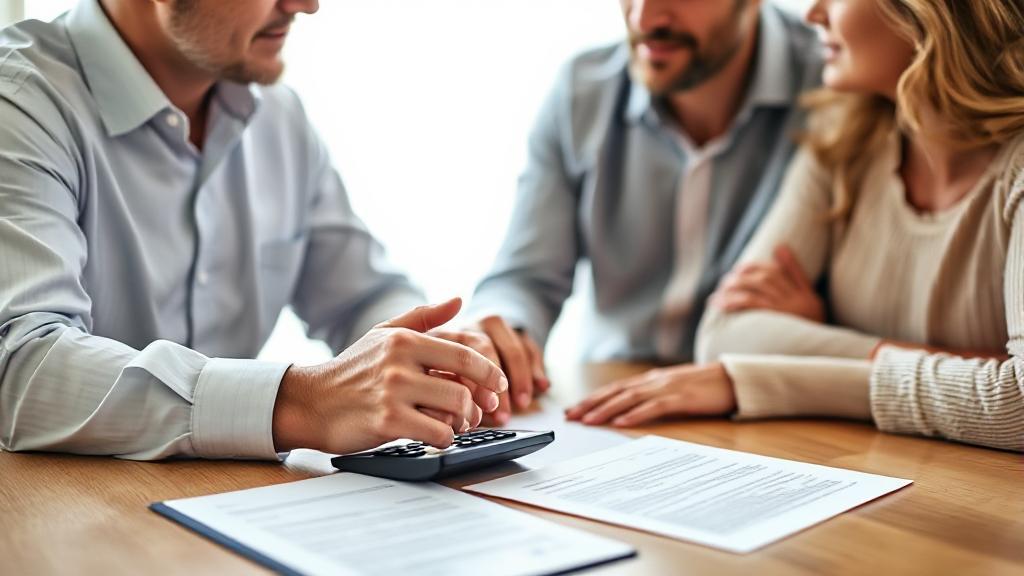 A serene image of a financial advisor discussing life insurance options with a couple, with a focus on a policy document and a calculator on the table.