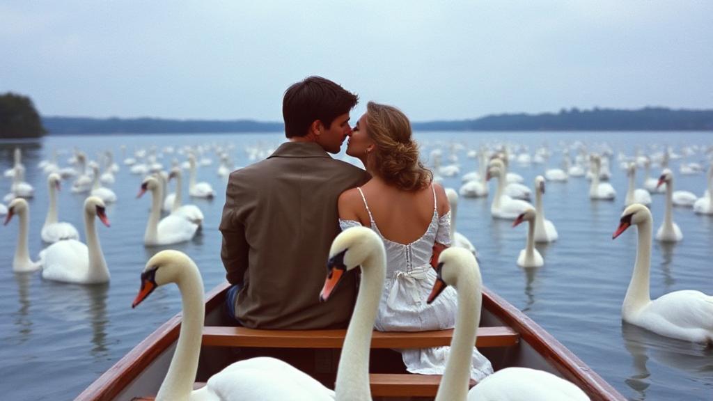 A romantic scene from "The Notebook" featuring the iconic boat ride on the lake surrounded by swans.