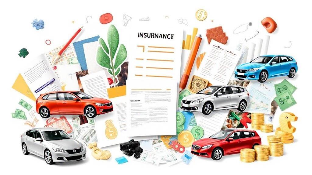 A dynamic collage of various cars, insurance documents, and financial symbols illustrating the diverse factors influencing car insurance costs.