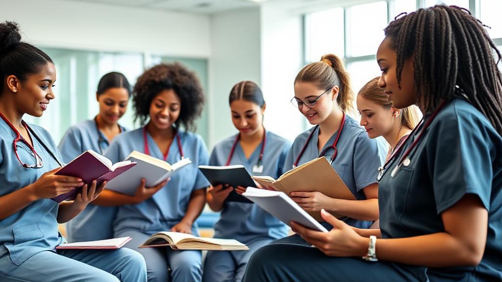 A diverse group of nursing students in scrubs, studying together with textbooks and laptops in a bright, modern classroom.
