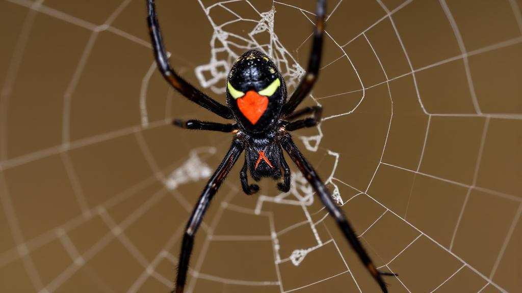 A close-up image of a black widow spider on a web, highlighting its distinctive red hourglass marking.