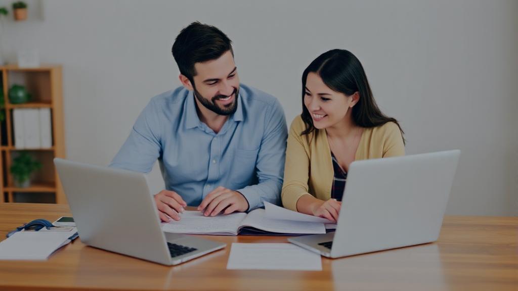 A couple sitting at a table, reviewing tax documents together with a laptop open, symbolizing the decision-making process of filing taxes jointly.