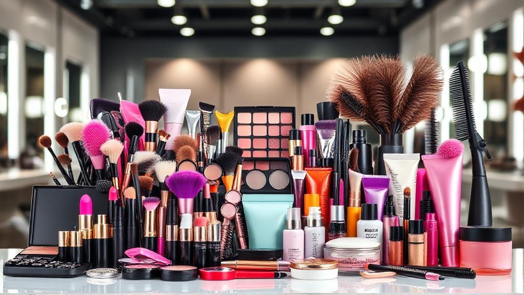 A vibrant collage of beauty tools, makeup products, and hairstyling equipment set against a sleek, modern salon backdrop.