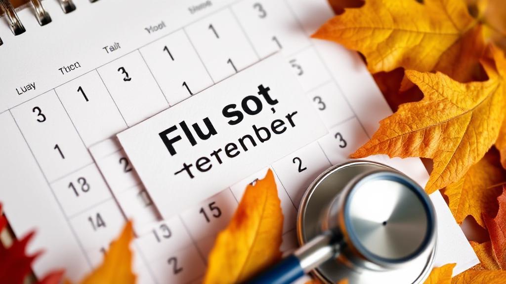 A close-up image of a calendar marked with a flu shot reminder, surrounded by autumn leaves and a stethoscope.