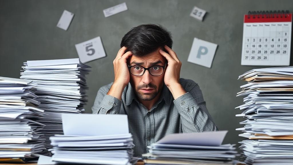 A worried individual surrounded by stacks of paperwork and a looming calendar marked with tax deadlines.