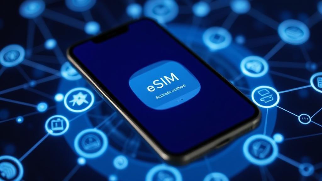 A sleek smartphone displaying an eSIM activation screen, surrounded by digital network icons, symbolizing connectivity and innovation.