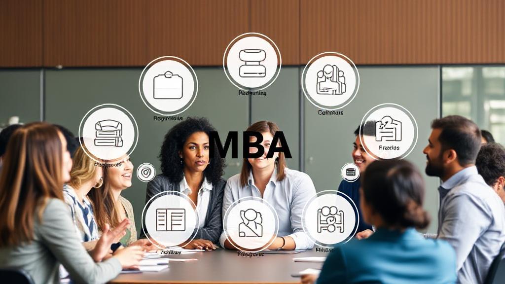 A diverse group of professionals engaged in a dynamic discussion, surrounded by icons representing various MBA specializations.