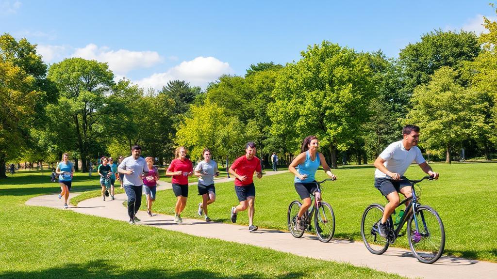 A vibrant image of people jogging and cycling in a lush park under a clear sky, symbolizing active lifestyles and heart health.