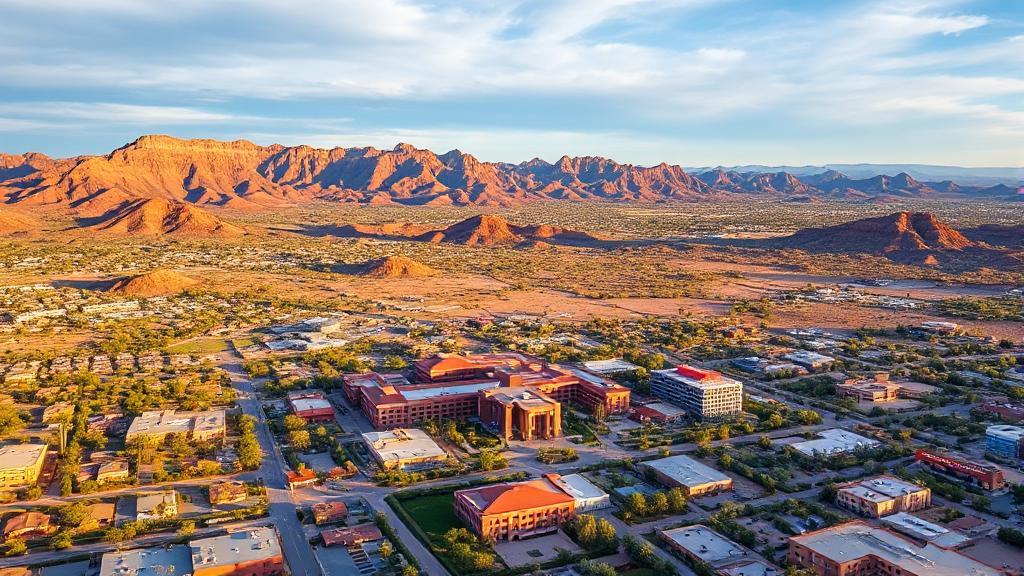 Aerial view of Grand Canyon University's vibrant campus set against the backdrop of Phoenix, Arizona's stunning desert landscape.