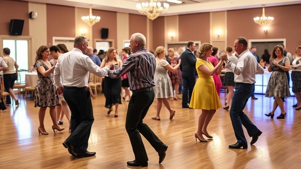A lively group of square dancers executing a do-si-do move in a brightly lit dance hall.