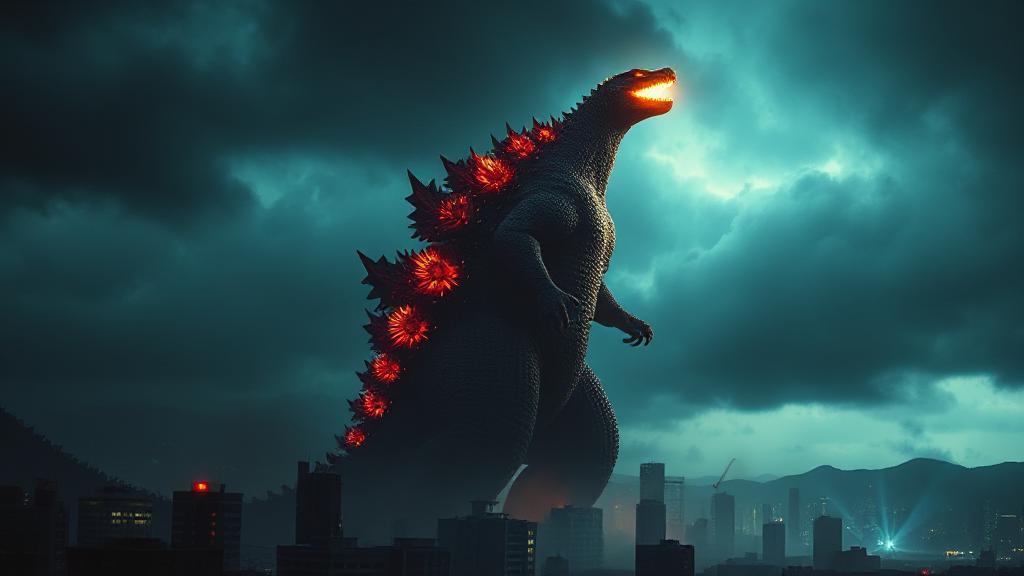 A dramatic image of Shin Godzilla towering over a cityscape, illuminated by the glow of its atomic breath against a dark, stormy sky.