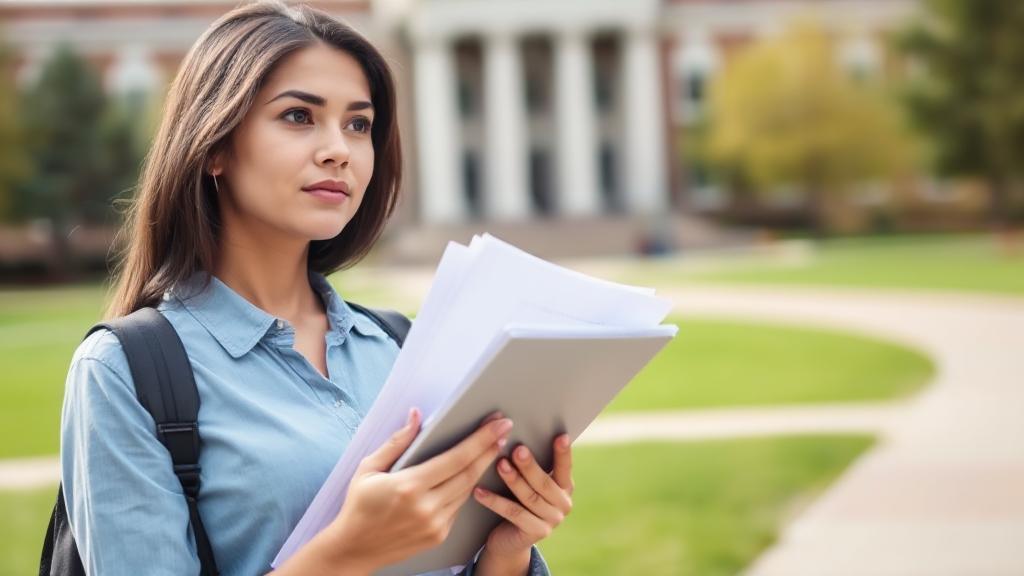 A thoughtful student holding a calculator and a stack of loan documents, contemplating financial decisions against a backdrop of a university campus.