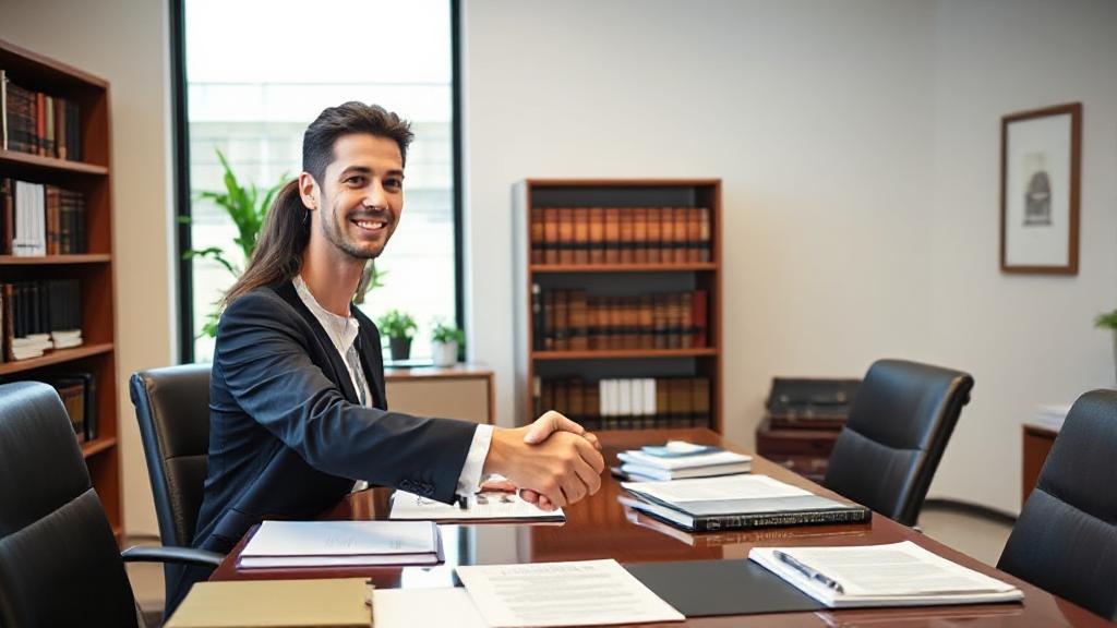 A professional office setting with a confident attorney shaking hands with a client across a desk, surrounded by legal books and documents.