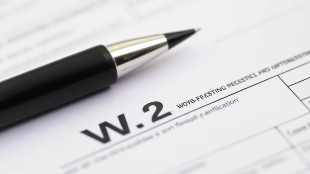 A close-up image of a W-2 form partially filled out, with a pen resting on top, symbolizing tax preparation.